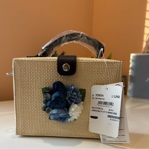 Mayoral Cream Straw Mini Bag with Blue Floral Accent